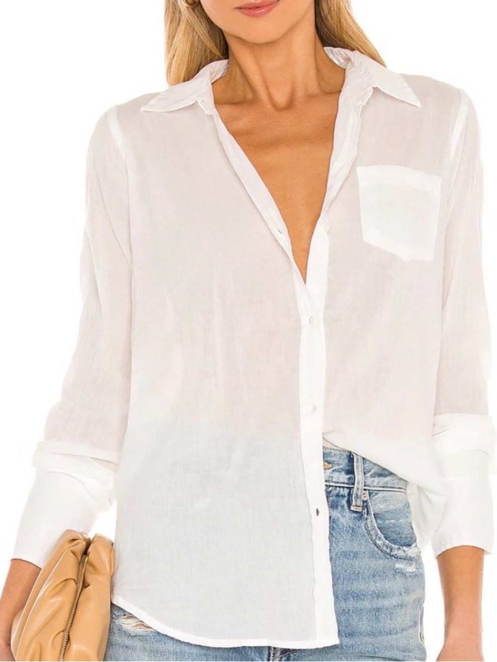 $245 Nili Lotan Large white cotton Voile NL shirt Blouse Front Pocket